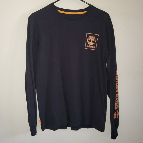 Timberland Long Sleeve Chest Stack Logo Tee Shirt Arm Spell out Black Medium - Picture 2 of 11